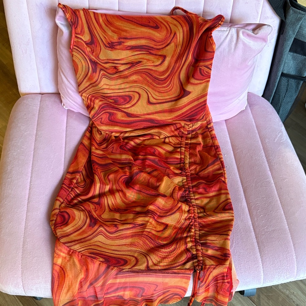 PrettyLittleThing One Shoulder Swirl Dress - Red and Orange